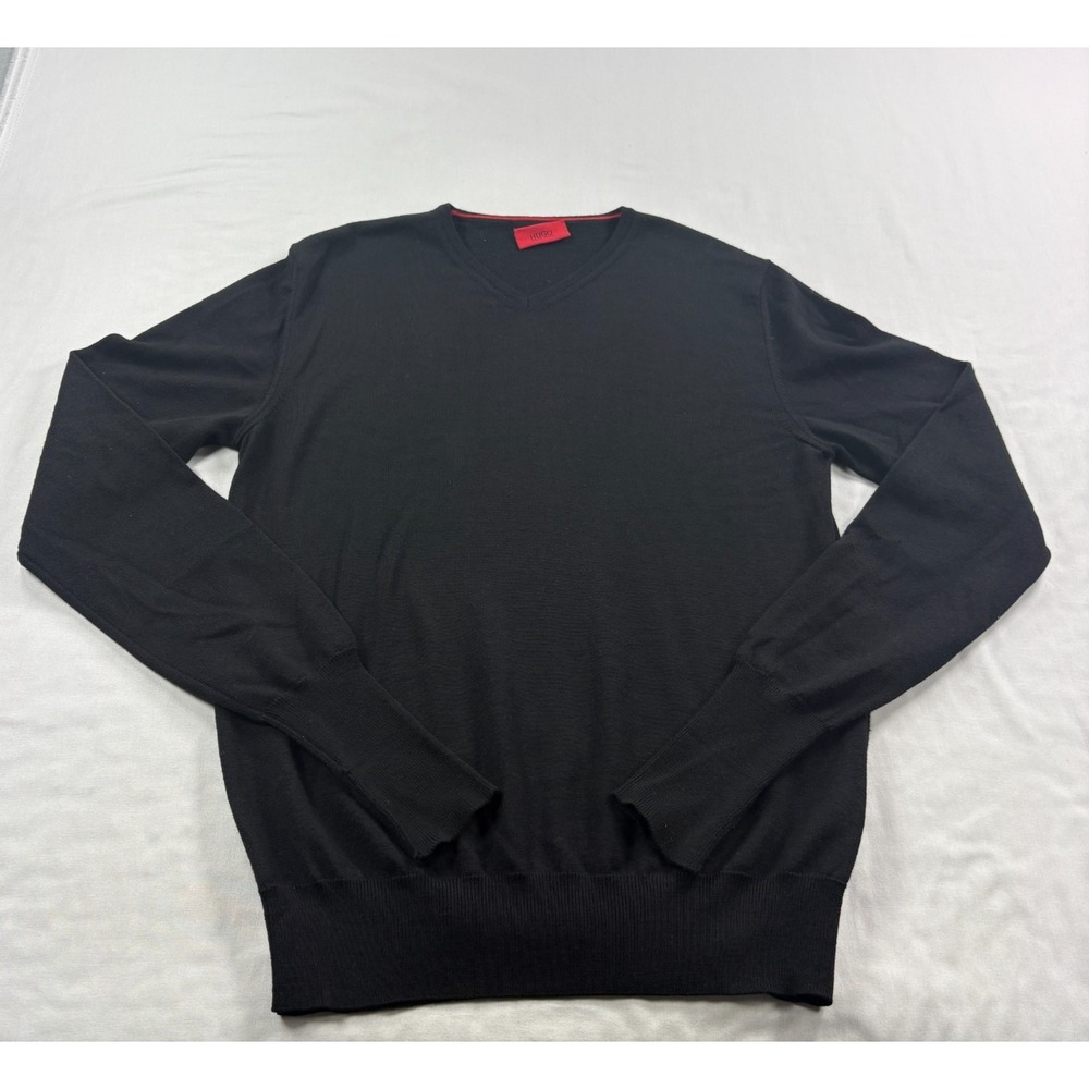 Hugo Boss Wool Sweater Mens L Black Slim Fit Pullover V-Neck Stretch